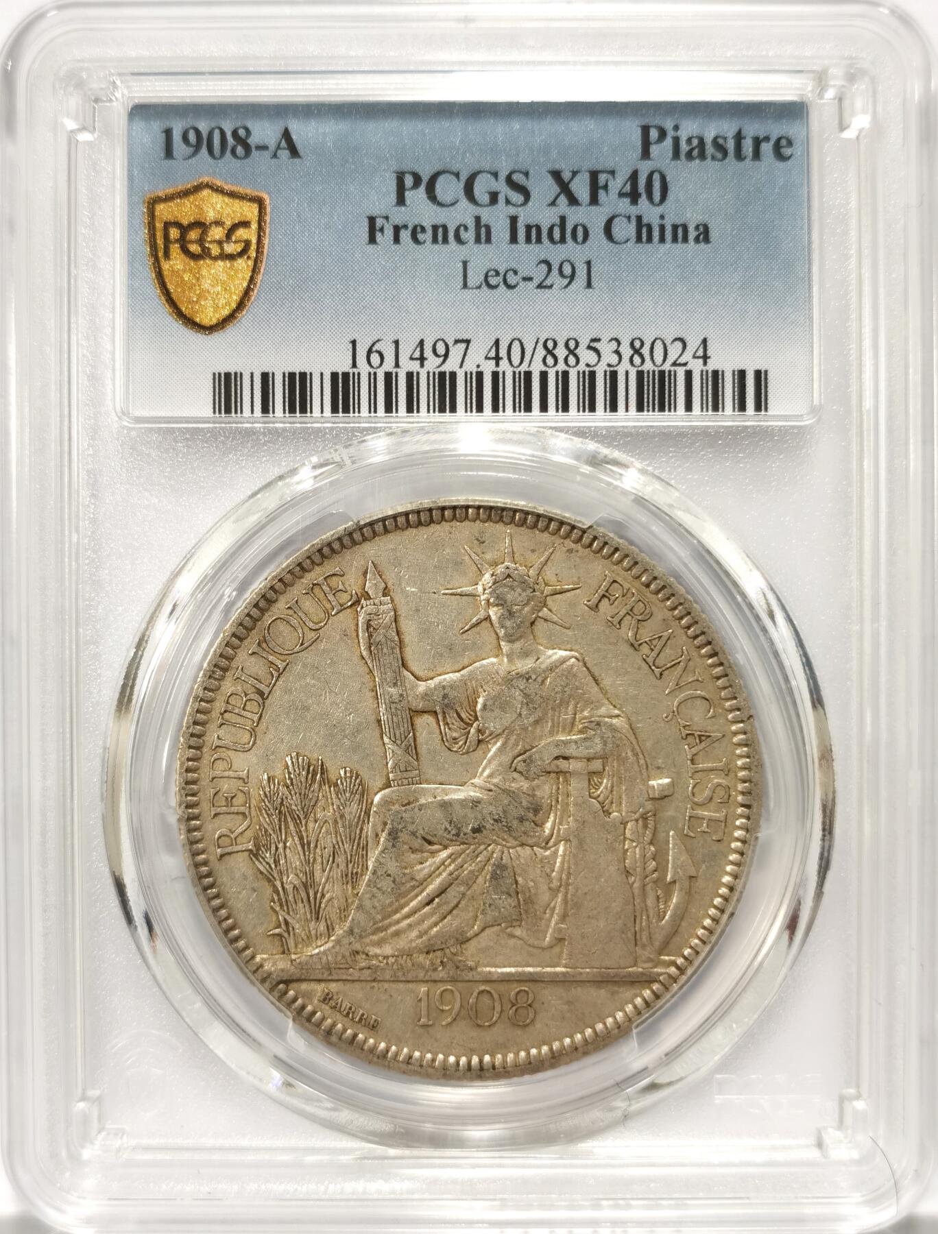 博洋堂世界钱币拍卖第108期（全场包邮） PCGS XF40 法属印支1908年A版坐洋大银币，原味包浆