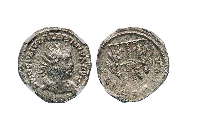 博洋堂世界钱币拍卖第108期（全场包邮） TQG XF 古罗马帝国时期瓦勒良1第纳里银币 公元253—260年发行 重量:4.15g 面值:1安东尼安 正面:头戴芒冠的君主瓦勒良面右头像 反面:胜利女神将盾牌挂在棕榈树上