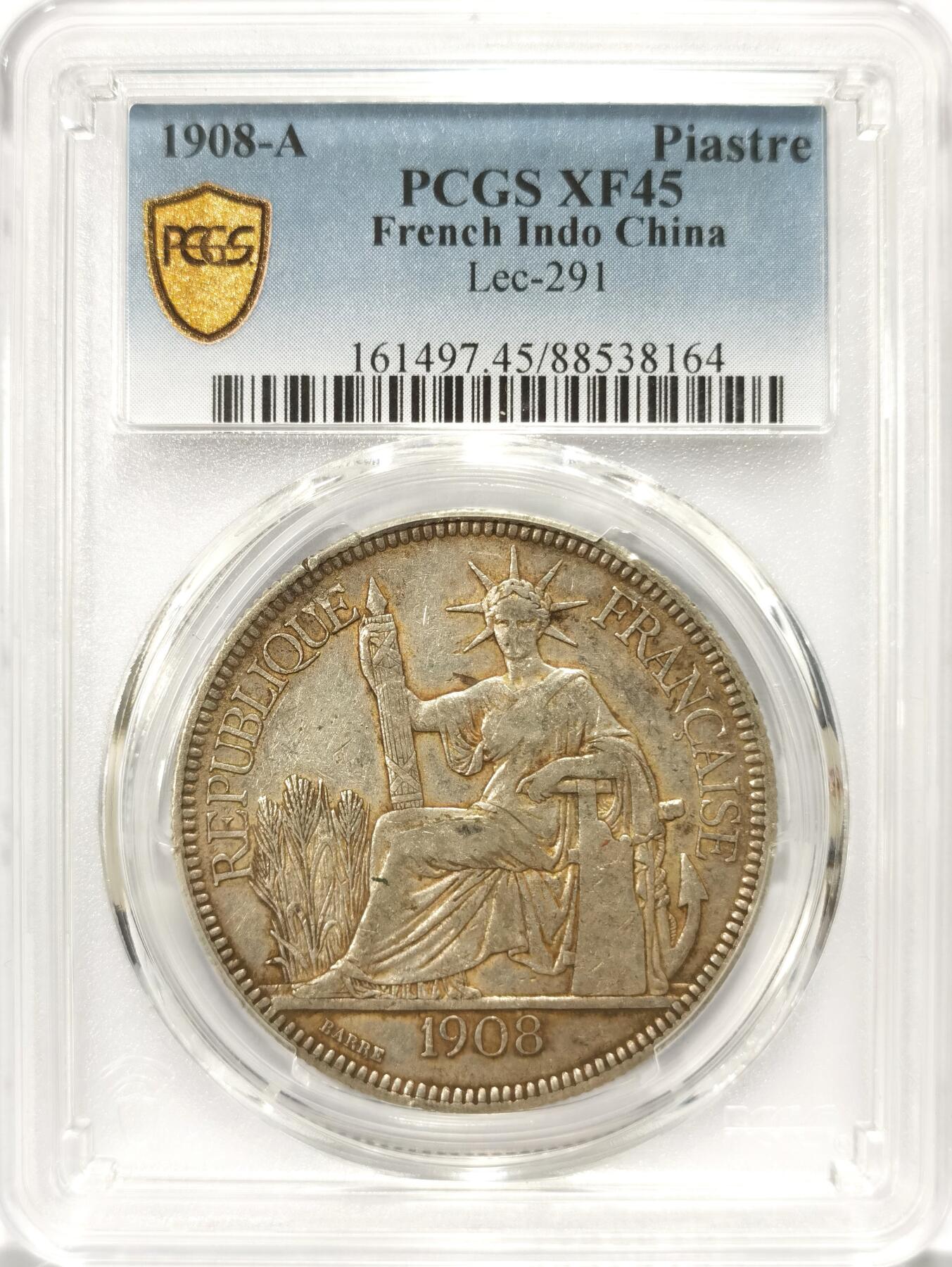 博洋堂世界钱币拍卖第108期（全场包邮） PCGS XF45 法属印支1908年A版坐洋大银币，原汁原味
