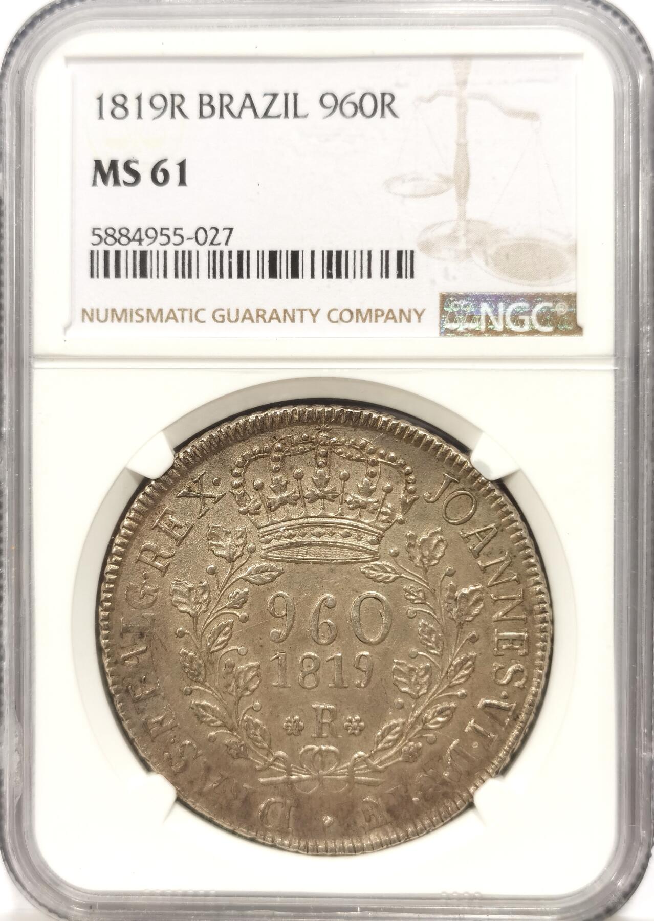 博洋堂世界钱币拍卖第108期（全场包邮） NGC MS61 葡属巴西1819年R版960R地球大银币，原味深打，味道一流，罕见加盖在智利1818年火山银币上，母币关键信息清晰，极为难得的一枚