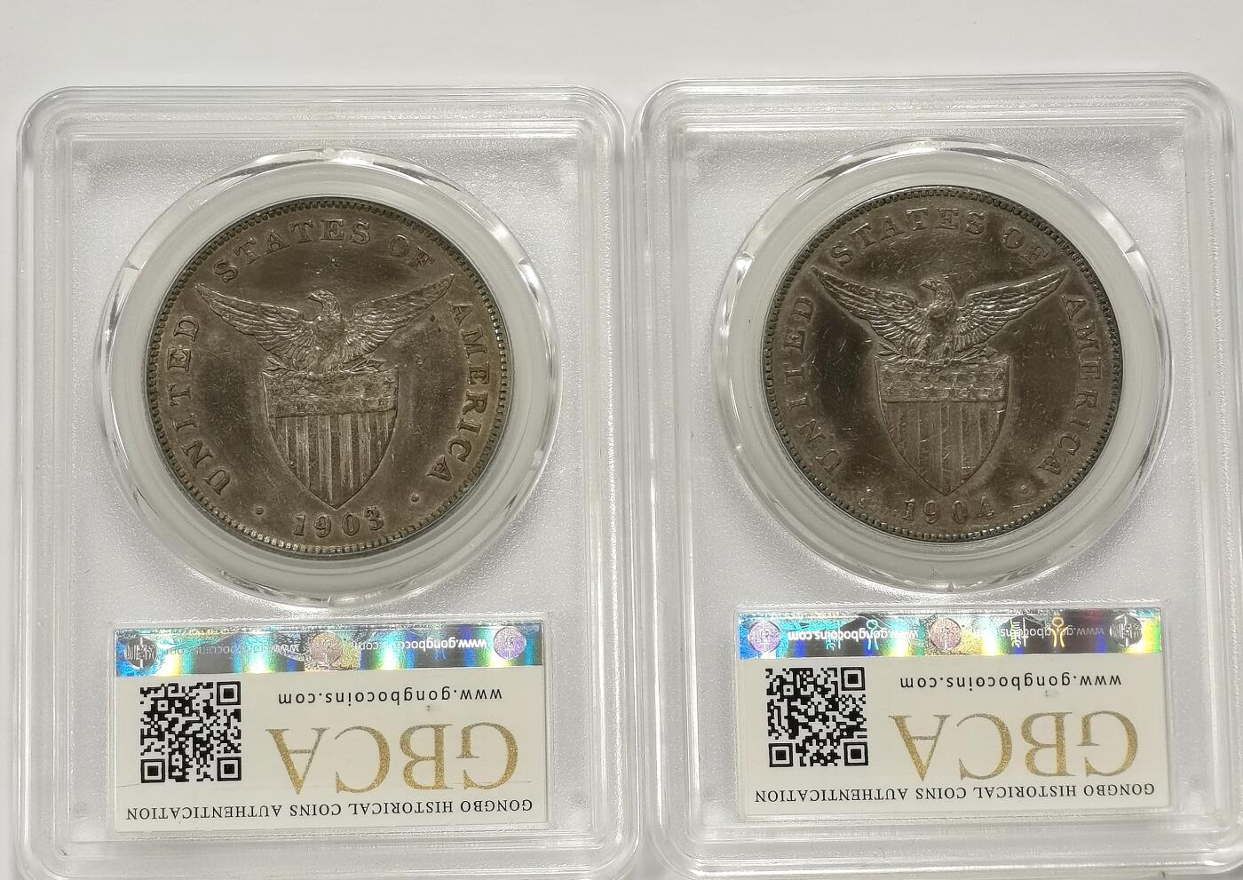 博洋堂世界钱币拍卖第108期（全场包邮） 公博 AU50 美属菲律宾1903、04年打铁女神1比索银币大样2枚一对，原味包浆