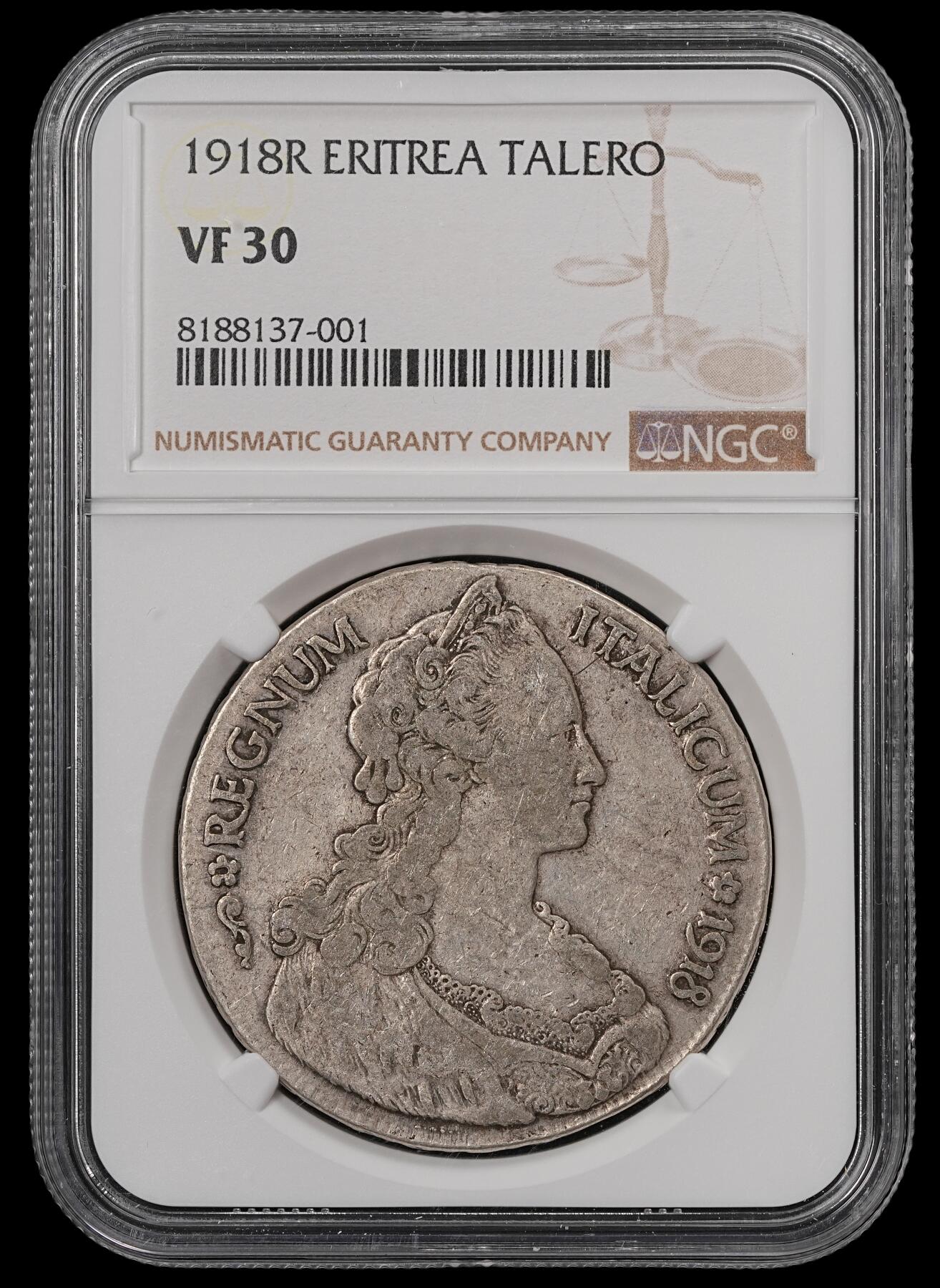 修遠堂世界钱币第五十五期 全场包邮 NGC VF30 1918年意属厄立特里亚1泰勒大银币