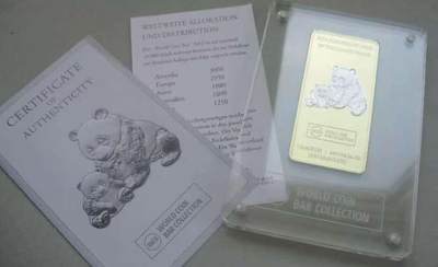 【币将精彩】世界钱币拍卖拍卖（2026-4-22） 加蓬各国投资币之熊猫币镀金方形银币  面值：1000法郎 材质：999银1盎司镀24K金 规格：66X32毫米 年份：2012 发行量：10000/欧洲版2950  瑞士瓦尔冈比造币厂铸造，原盒证书。