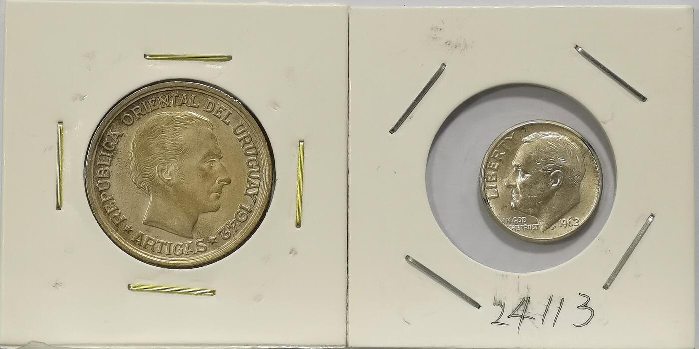 博洋堂世界钱币拍卖第108期（全场包邮） 乌拉圭1942年1比索银币 南美洲品种 动物图案 美洲狮 大热品种 整体带光 UNC品相 裸币少见+美国1962年罗斯福10美分银币