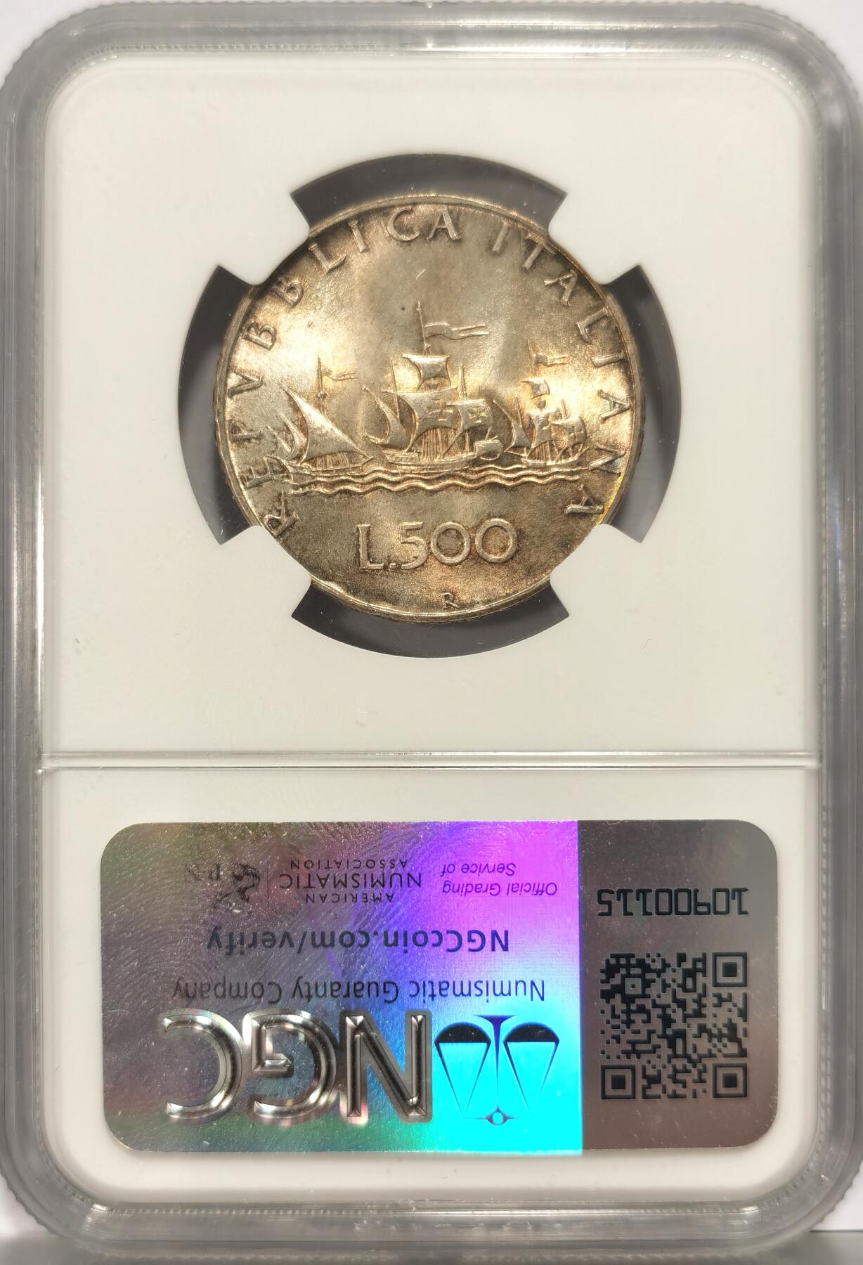 博洋堂世界钱币拍卖第108期（全场包邮） NGC MS65 冠军分！意大利1958年帆船500里拉银币，首年版，欧洲极品五彩，自藏品质。