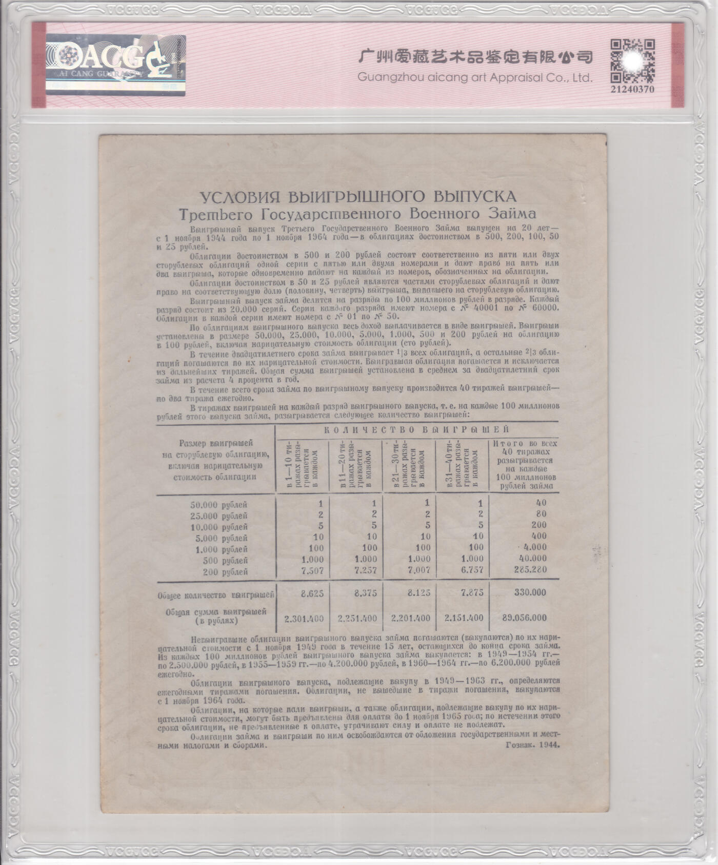 苏联（WWII债券）1944年100卢布 爱藏评级58e 非PMG