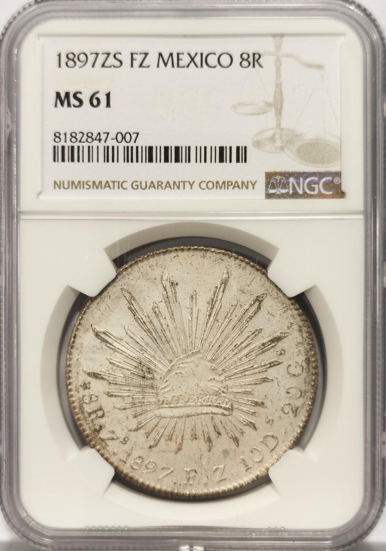 博洋堂世界钱币拍卖第108期（全场包邮） NGC MS61 墨西哥1897年ZS FZ版鹰洋，关门年份，原生态包浆，滴水未下