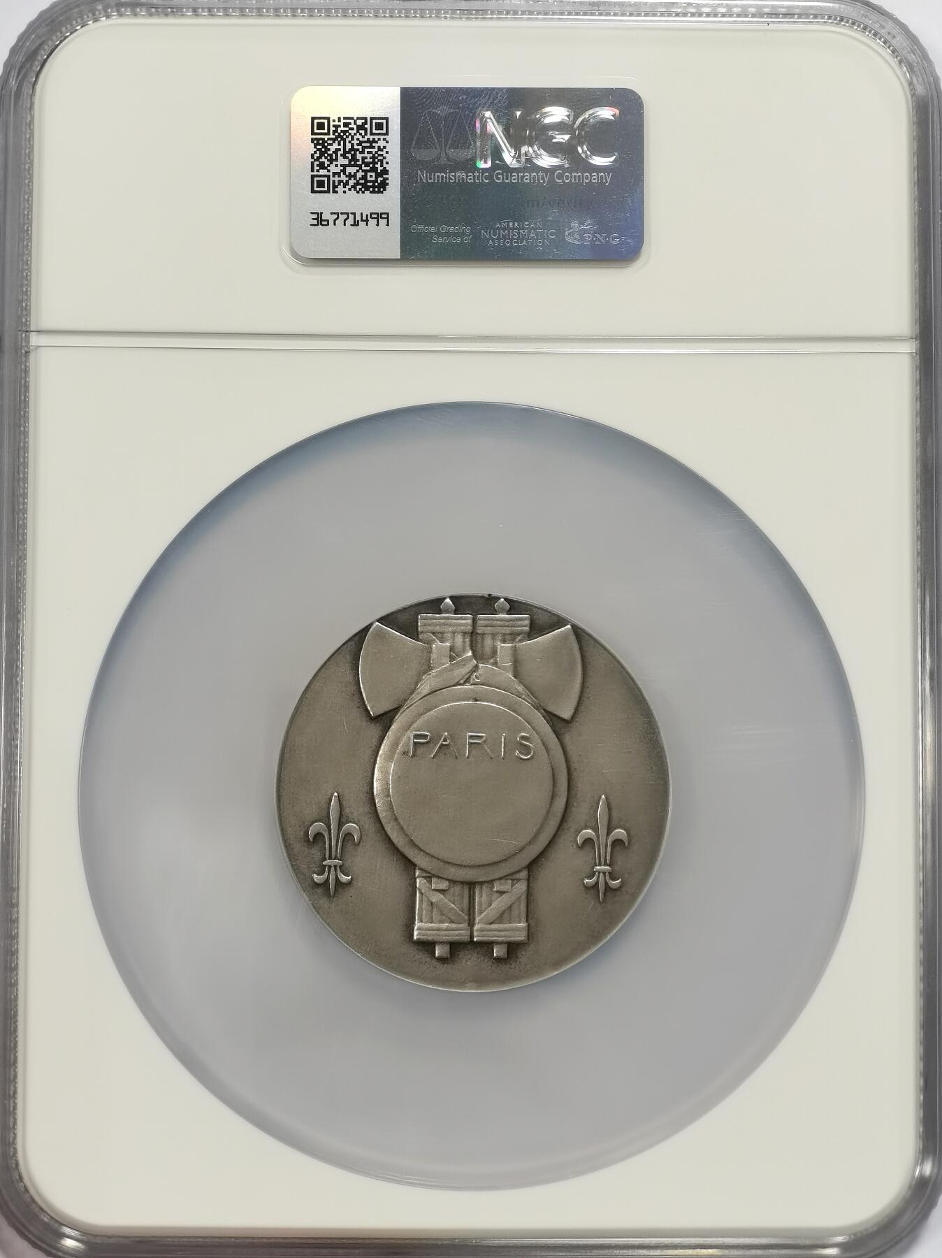 博洋堂世界钱币拍卖第108期（全场包邮） NGC MS63 法国巴黎铁路工人装饰艺术圆形银奖章 Paul-marcel Dammann雕刻