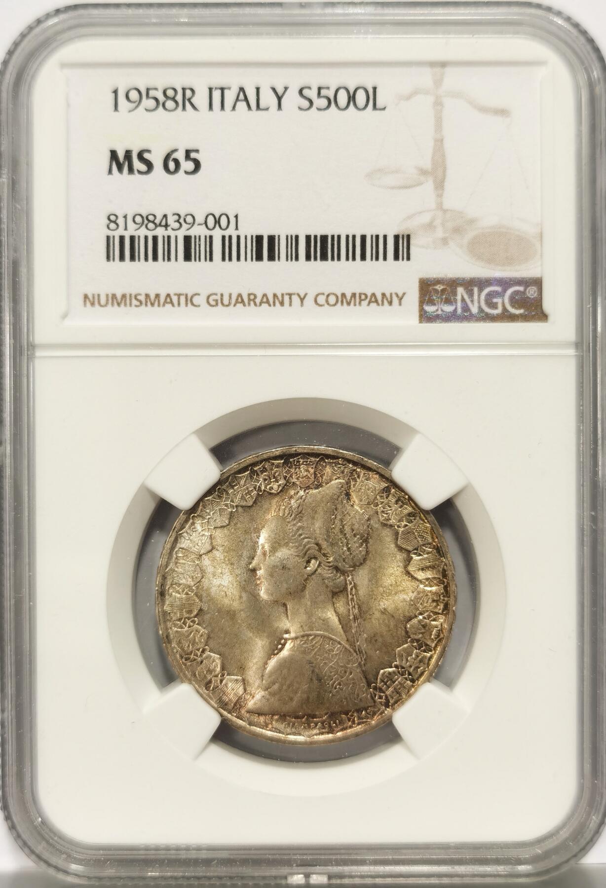 博洋堂世界钱币拍卖第108期（全场包邮） NGC MS65 冠军分！意大利1958年帆船500里拉银币，首年版，欧洲极品五彩，自藏品质。