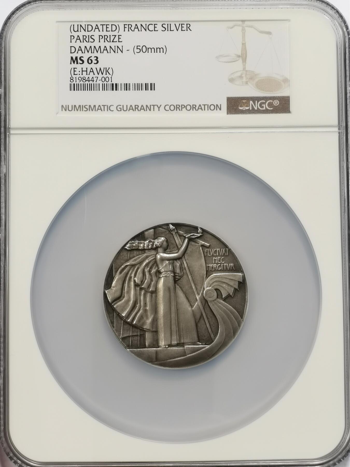博洋堂世界钱币拍卖第108期（全场包邮） NGC MS63 法国巴黎铁路工人装饰艺术圆形银奖章 Paul-marcel Dammann雕刻