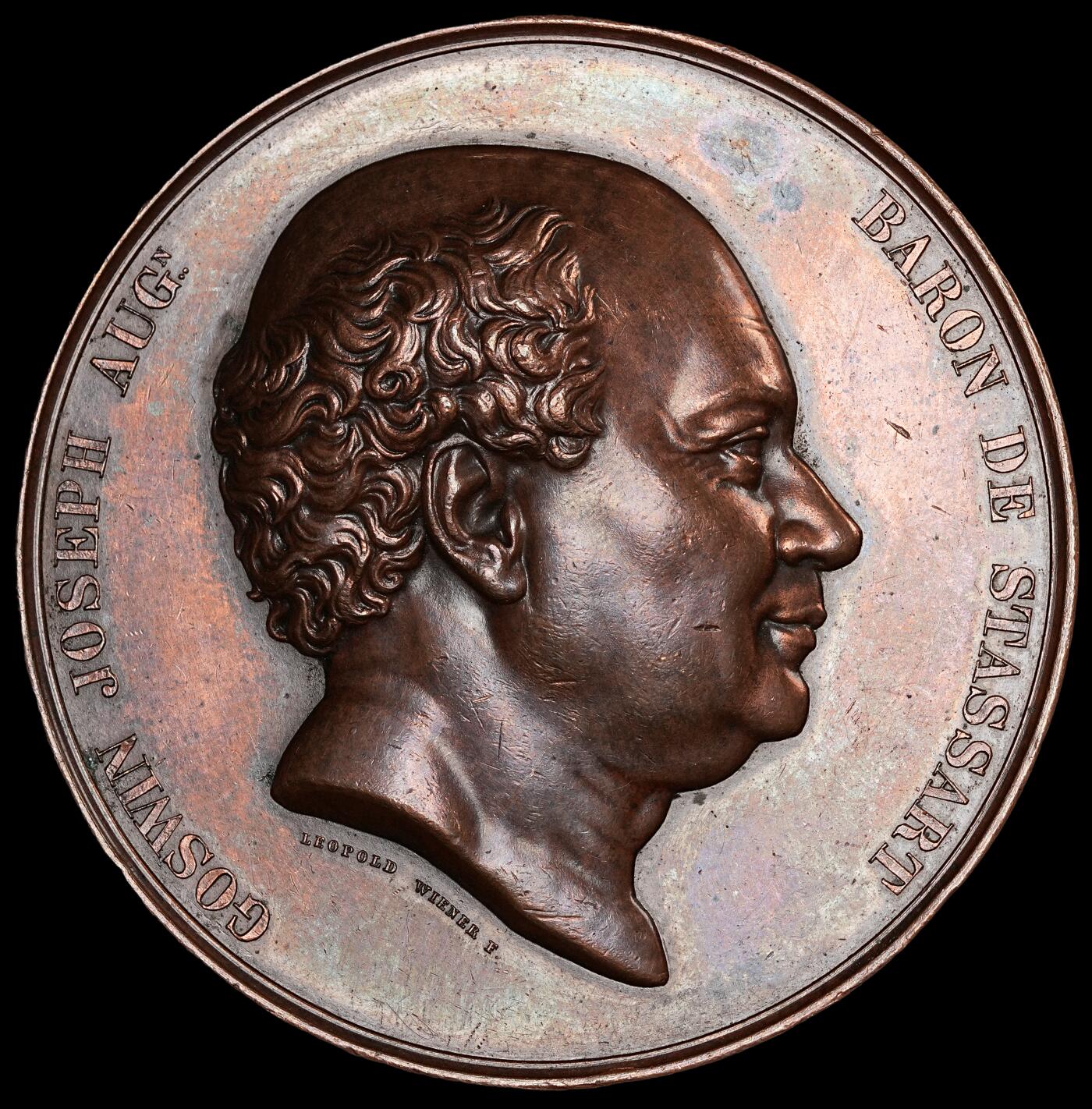 修遠堂世界钱币第五十五期 全场包邮 1854年比利时人物纪念大铜章 68mm，121.33g