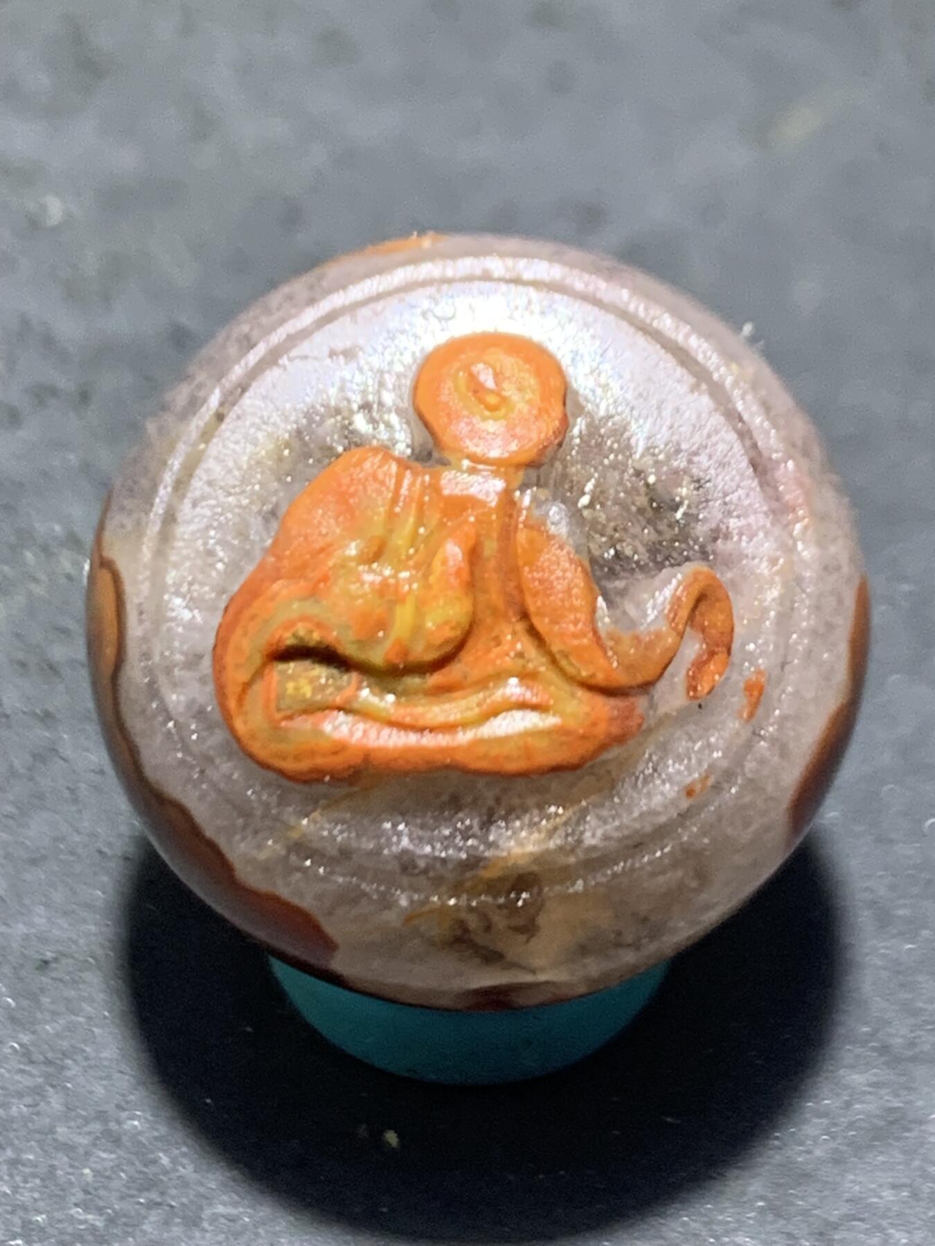 精美亚光冰飘原皮草花纹战国红玛瑙手工俏色巧雕一心向佛2.0圆珠一颗