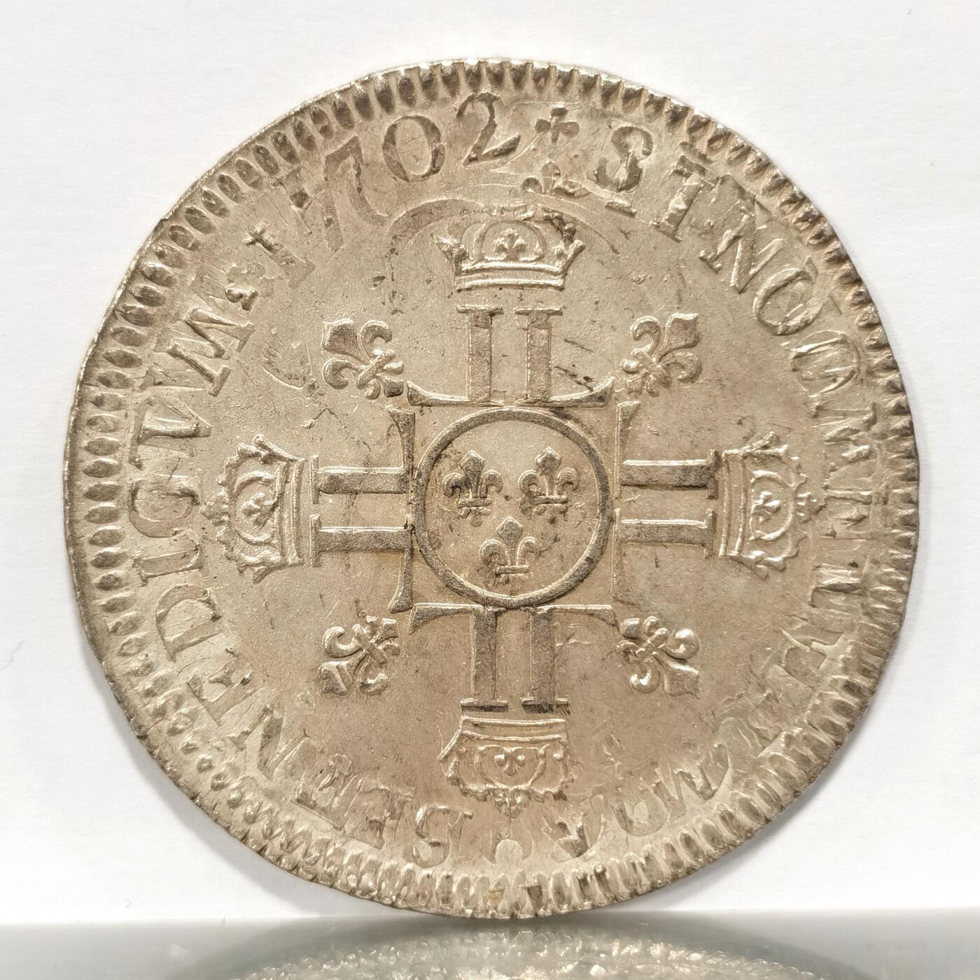 博洋堂世界钱币拍卖第108期（全场包邮） 法国1702年（年份错打）路易十四8L版埃居大银 欧陆灰彩 人物深打深邃 AU品级