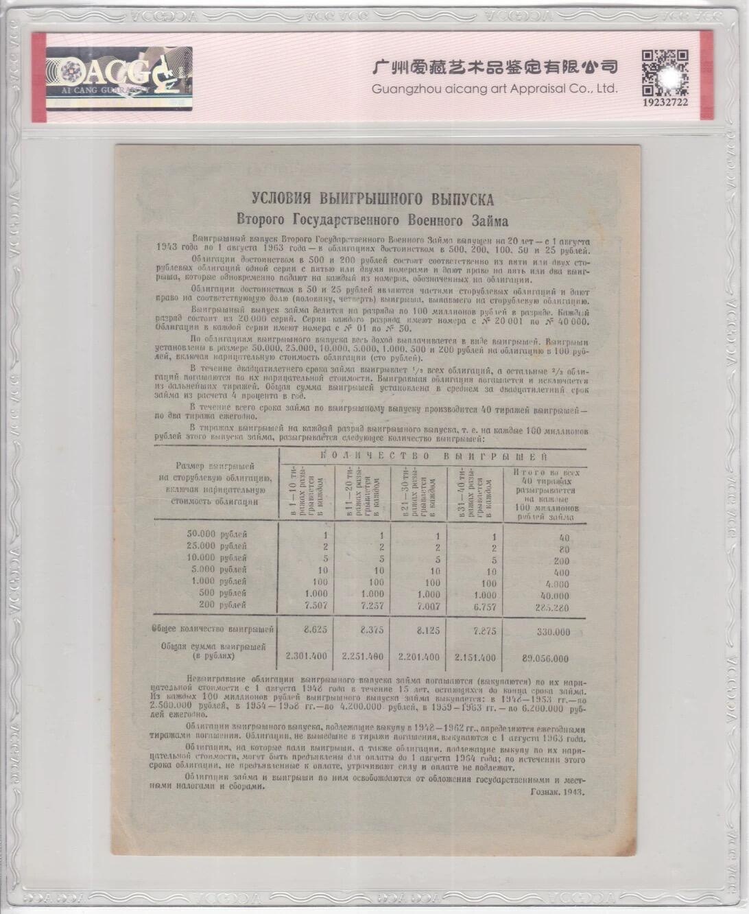 苏联（WWII债券）1943年100卢布 爱藏评级55e 非PMG