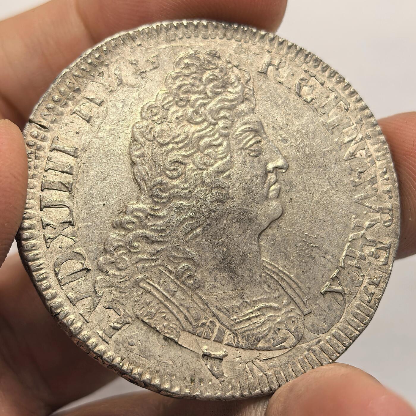 博洋堂世界钱币拍卖第108期（全场包邮） 法国1702年（年份错打）路易十四8L版埃居大银 欧陆灰彩 人物深打深邃 AU品级