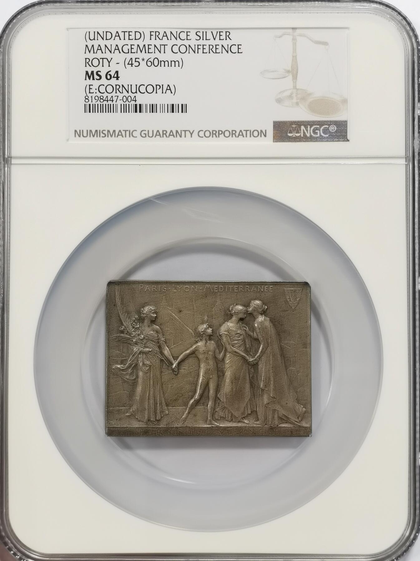 博洋堂世界钱币拍卖第108期（全场包邮） NGC MS64 法国巴黎里昂铁路开通方形纪念银章 罗蒂作品