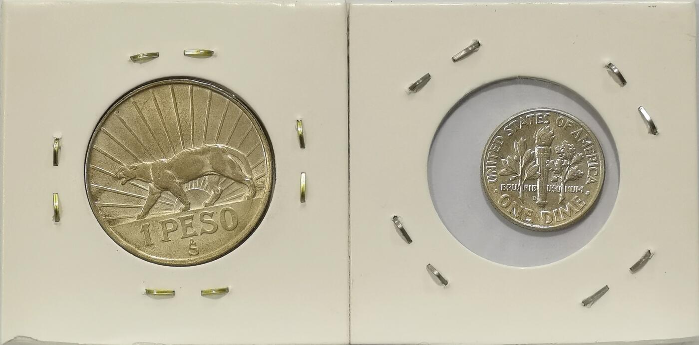 博洋堂世界钱币拍卖第108期（全场包邮） 乌拉圭1942年1比索银币 南美洲品种 动物图案 美洲狮 大热品种 整体带光 UNC品相 裸币少见+美国1962年罗斯福10美分银币