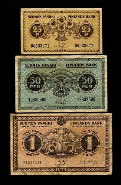 20250119外国纸币专场 - 芬兰1918年 25芬尼 50芬尼 1马克 一套