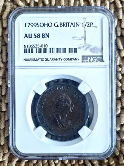 01月26日 世界币章 - 稀品：英国 1799年 乔治三世 1/2便士铜币 NGC-AU58分