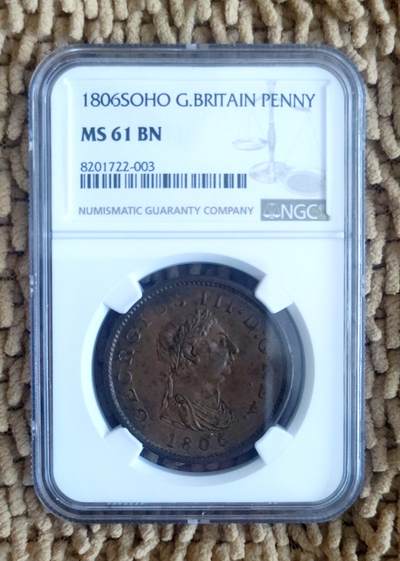 01月22日 世界币章 - 稀品：英国 1806年 乔治三世国王 1便士 铜币NGC-61分