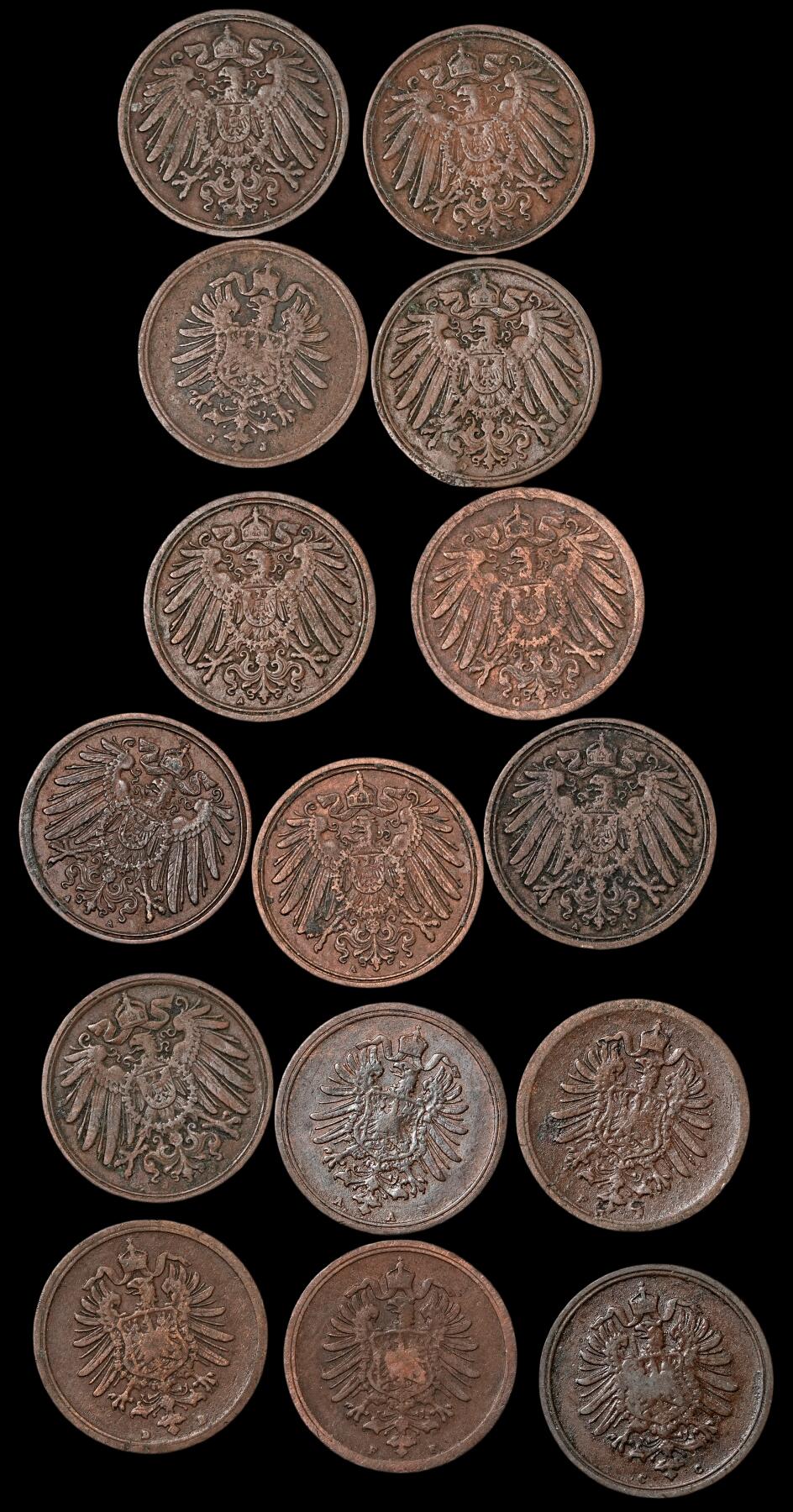 修遠堂世界钱币第五十五期 全场包邮 德意志第二帝国1芬尼铜币一组 年份或者厂铭均不重复 一枚有伤