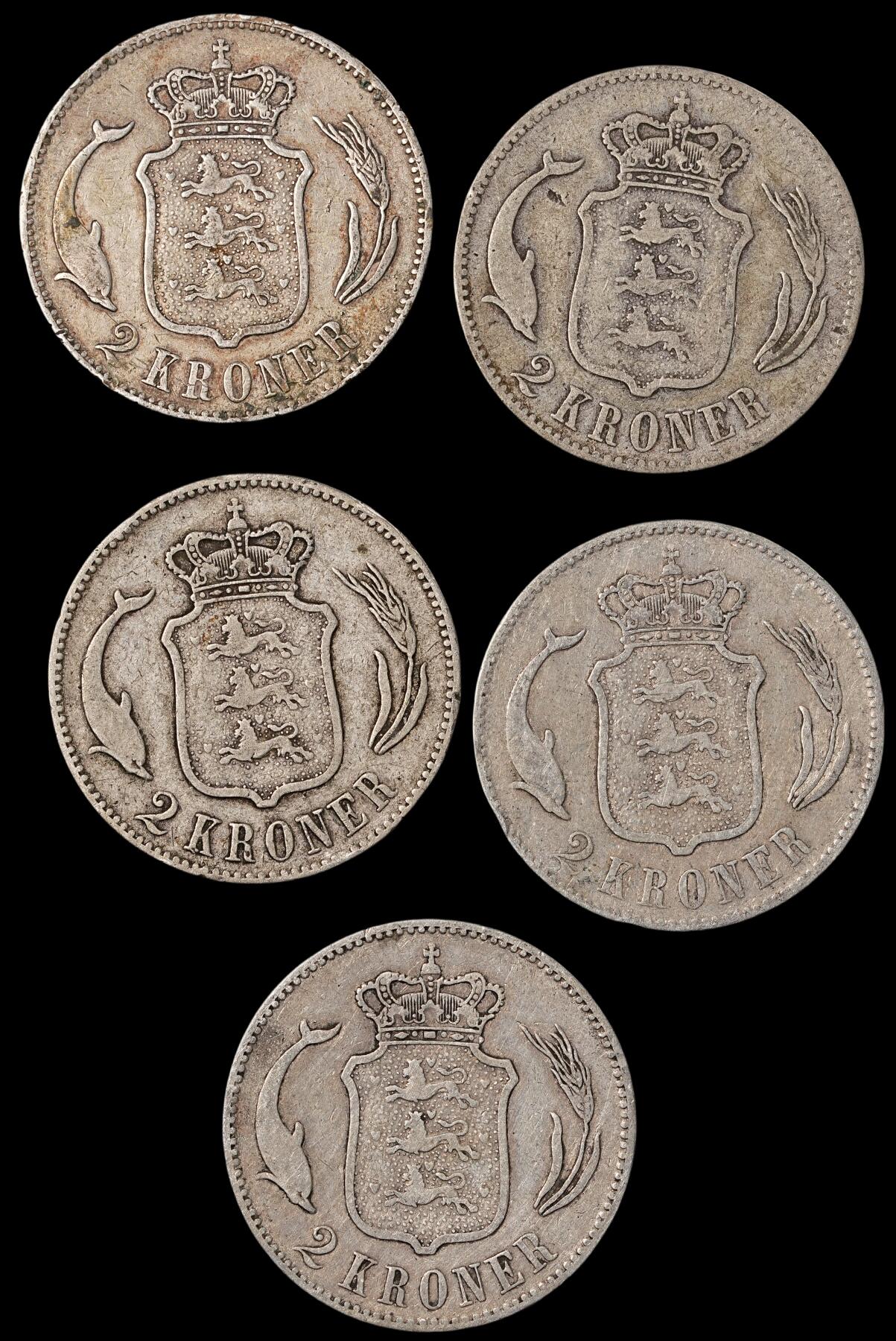 修遠堂世界钱币第五十五期 全场包邮 丹麦国王克里斯蒂安九世时期海豚2克朗银币 五枚 73.51g
