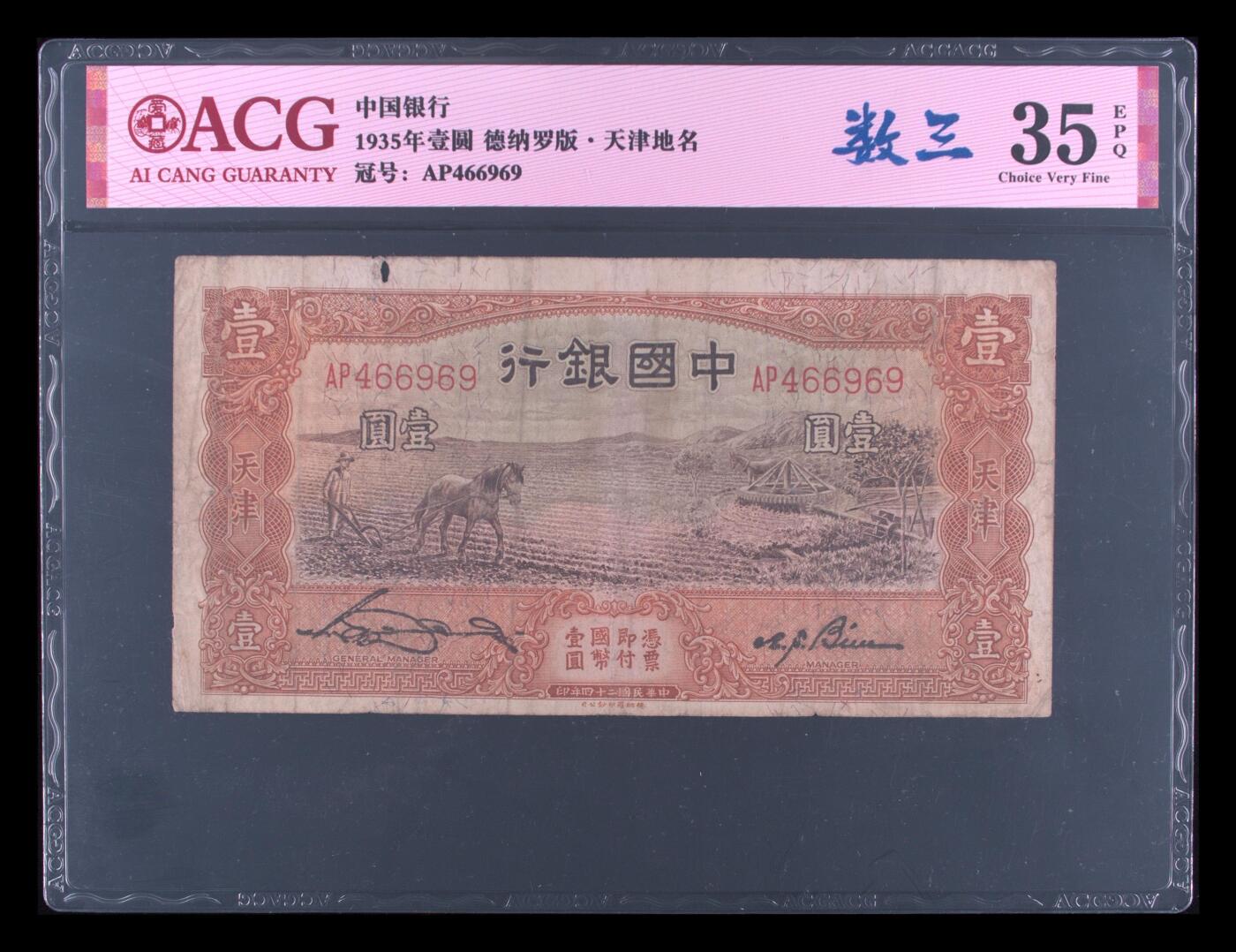 爱藏评级民国币中国银行1935年德纳罗版一元马拉犁数三