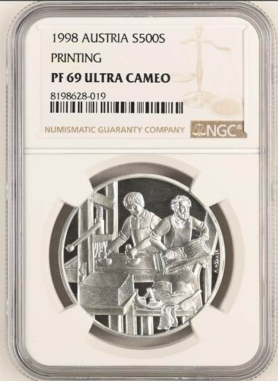 S&S Numismatic世界钱币-拍卖 第99期  - 获奖币*奥地利1998年 传统工艺书籍印刷 500先令精制纪念银币盒证齐全，NGC PF69UC冠军分