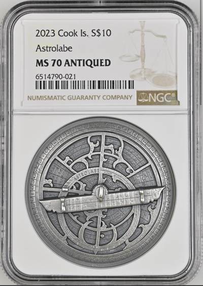 S&S Numismatic世界钱币-拍卖 第113期  - 获奖币*库克群岛2023年 历史仪器(1)星盘 10元高浮雕仿古2盎司纪念银币 NGC MS70冠军分，无盒证