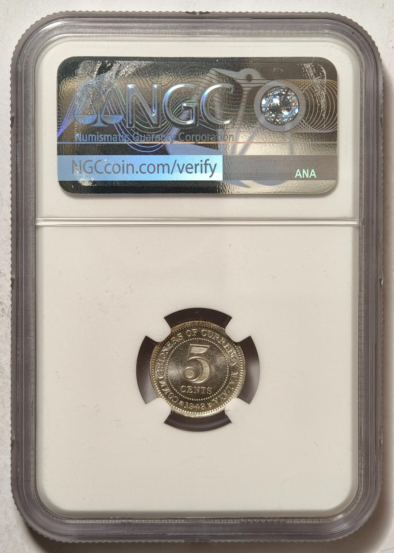 紫瑗钱币——第500期 马来亚 1943年 乔治六世 5分 银币 NGC MS64