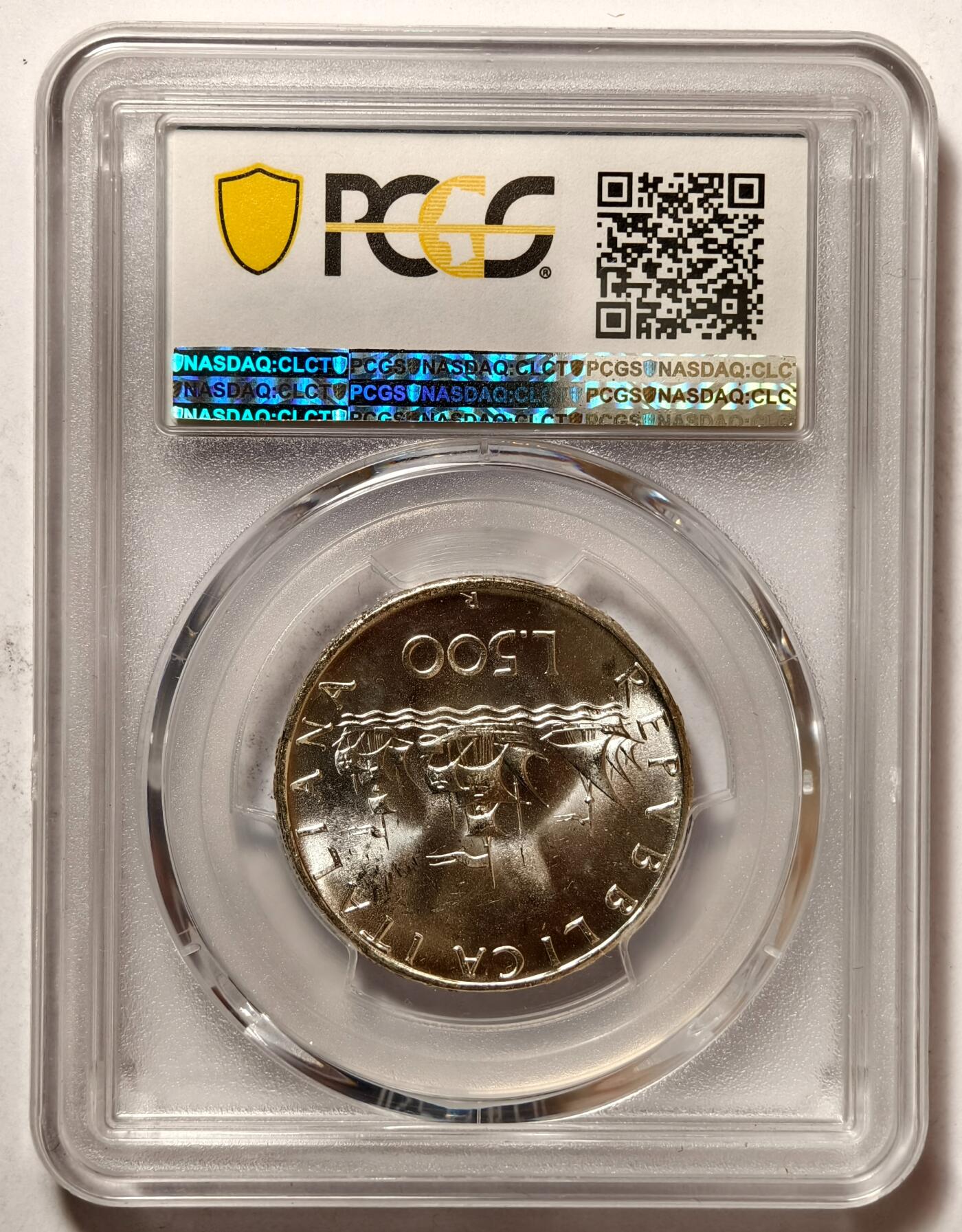 紫瑗钱币——第500期 意大利 1966年 R版 少女与帆船 500里拉 银币 PCGS MS65
