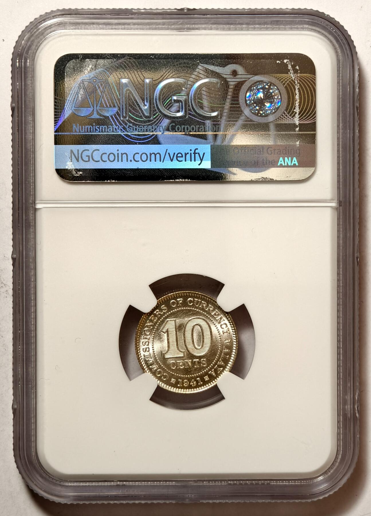 紫瑗钱币——第500期 马来亚 1941年 乔治六世 10分 银币 NGC MS63