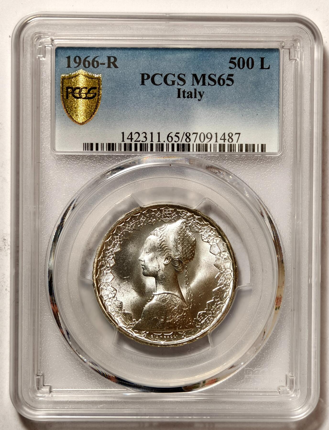 紫瑗钱币——第500期 意大利 1966年 R版 少女与帆船 500里拉 银币 PCGS MS65