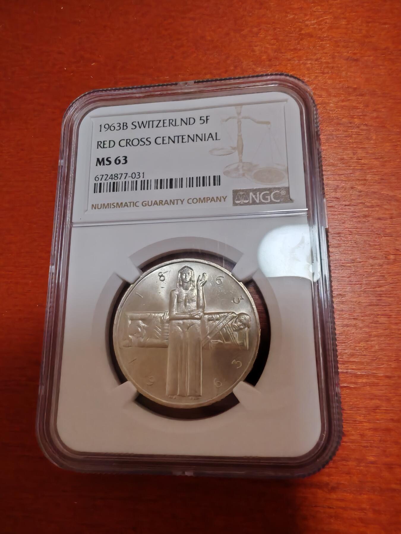 长老汇龙年精选第四十六场拍卖 1963瑞士红十字百年5法郎银币，NGC MS63