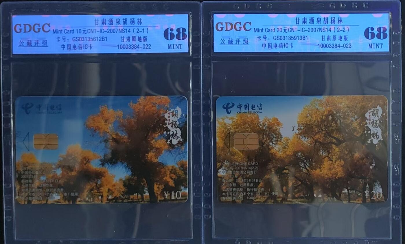 公藏第97期评级卡拍卖 电信IC卡（IC-2007NS14  甘肃酒泉胡杨林）2全甘肃原地版，公藏68分。公藏评级专业有卡号及防伪标。