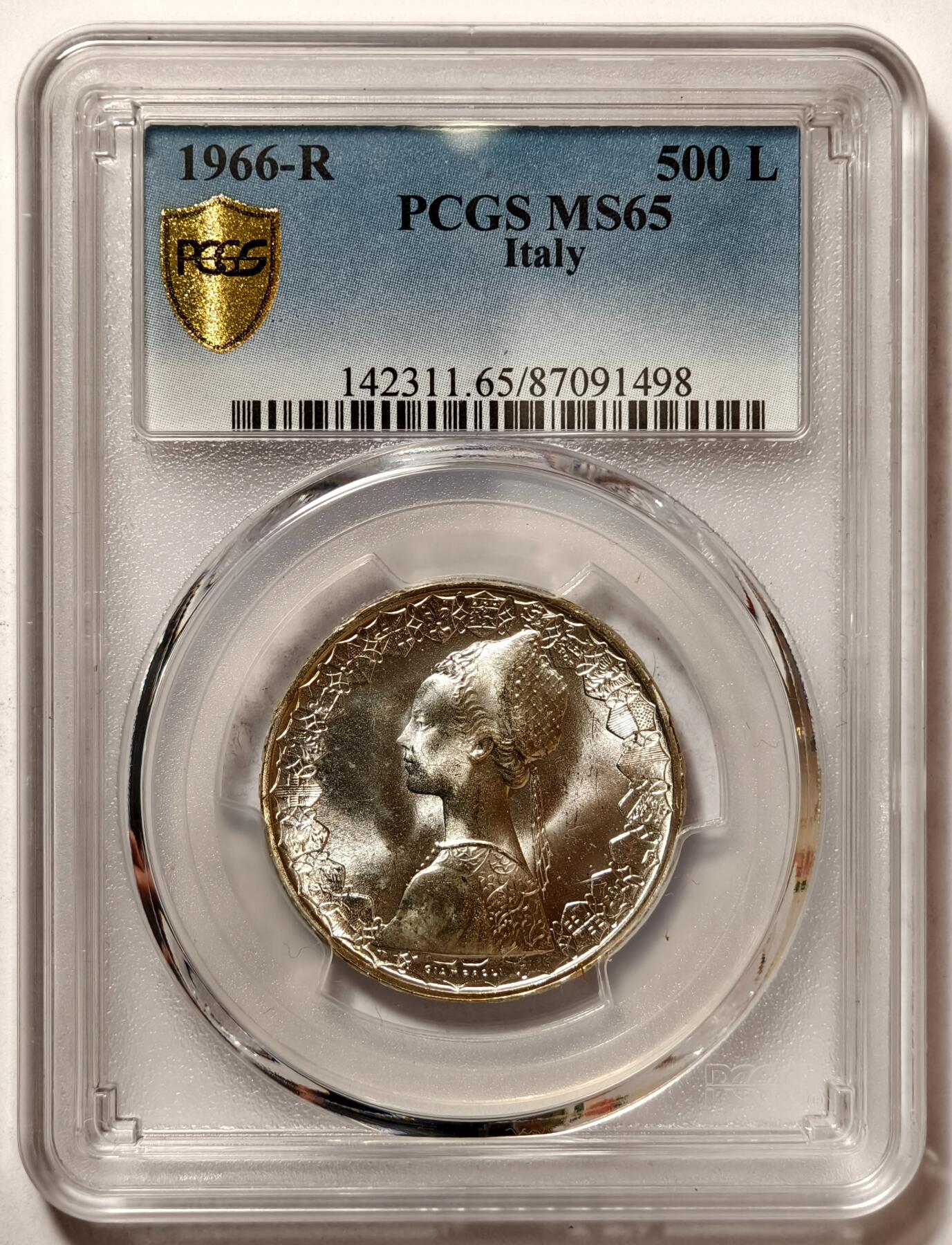 紫瑗钱币——第498期 意大利 1966年 R版 少女与帆船 500里拉 银币 PCGS MS65 