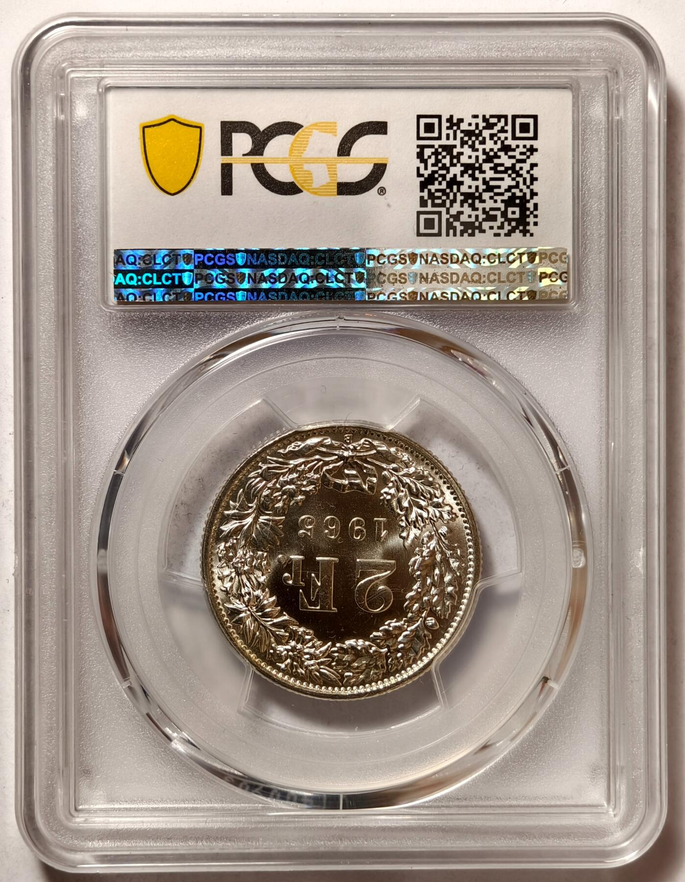 紫瑗钱币——第498期 瑞士 1965年 B版 赫尔维蒂亚 2法郎 银币 PCGS MS67 高分