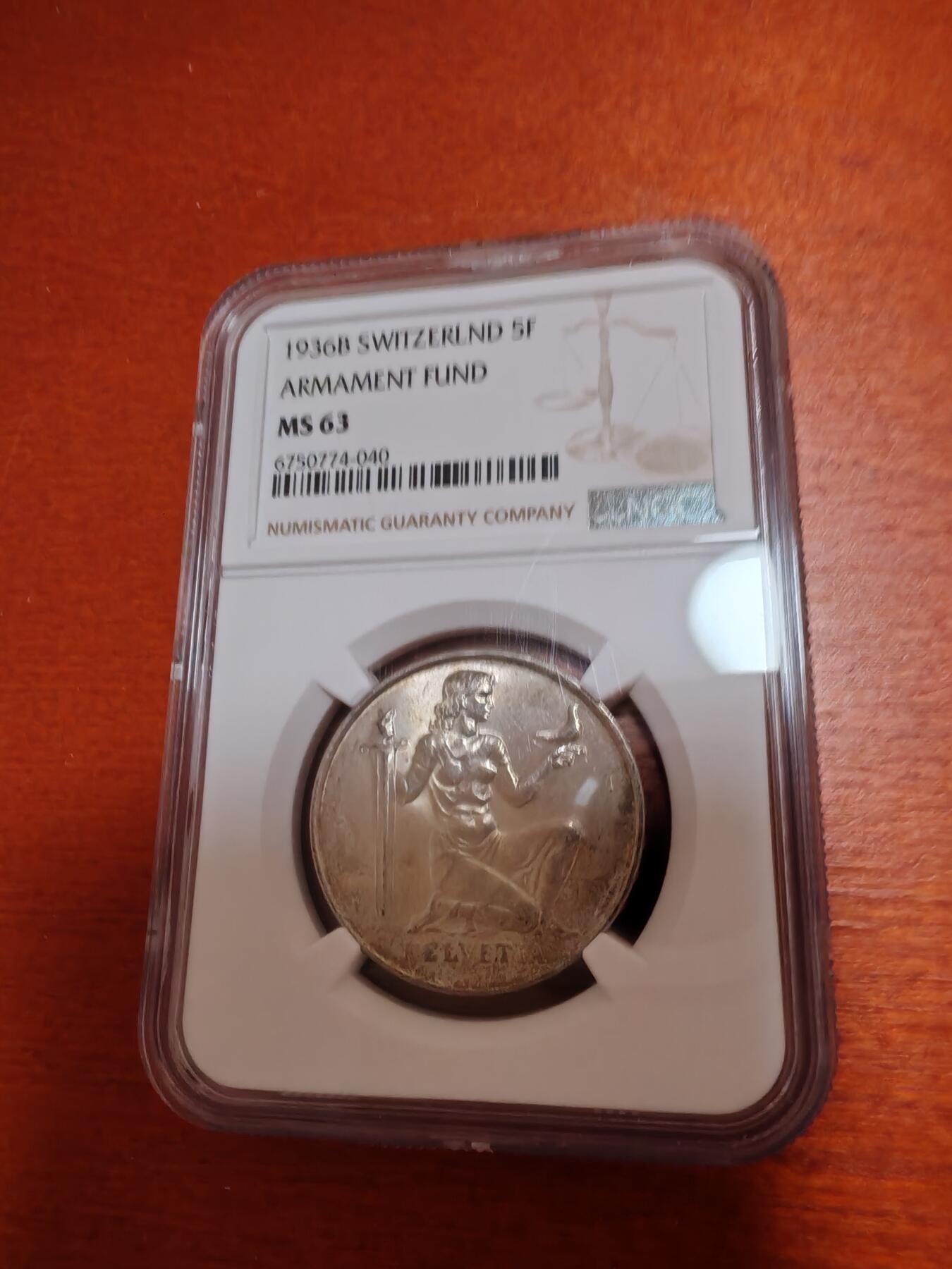 长老汇龙年精选第四十六场拍卖 1936瑞士军备基金5法郎银币，NGC MS63