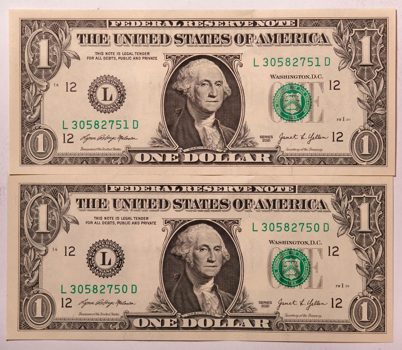 紫瑗钱币——第499期——纸币场 美国 乔治·华盛顿  2021年 L版 无序列  1美元 UNC 2张一组 刀拆货