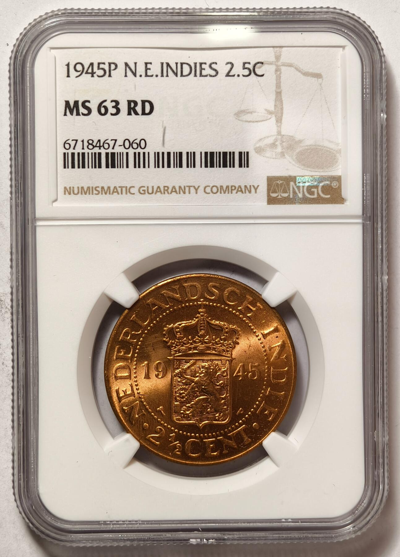 紫瑗钱币——第500期 荷属东印度 1945年 P版 2.5分 铜币 NGC MS63 RD