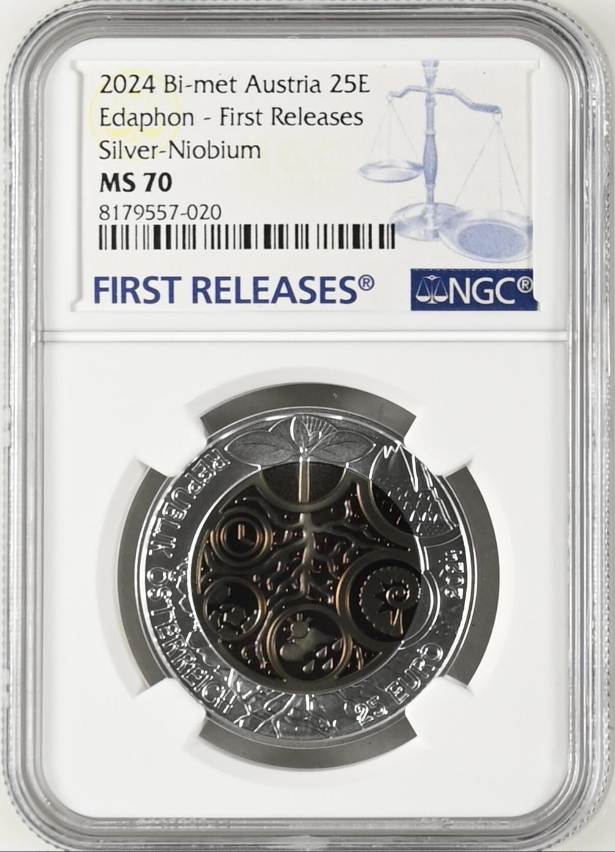 S&S Numismatic世界钱币-拍卖 第115期  奥地利2024年 土壤微生物 25欧元银+铌双色纪念币 NGC MS70首期蓝标，盒证齐全