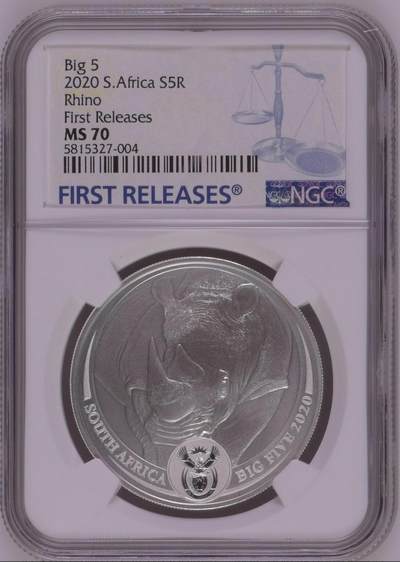 S&S Numismatic世界钱币-拍卖 第114期  - 南非2020年 非洲五霸系列1-犀牛 5兰特纪念银币 NGC MS70首期蓝标，冠军分