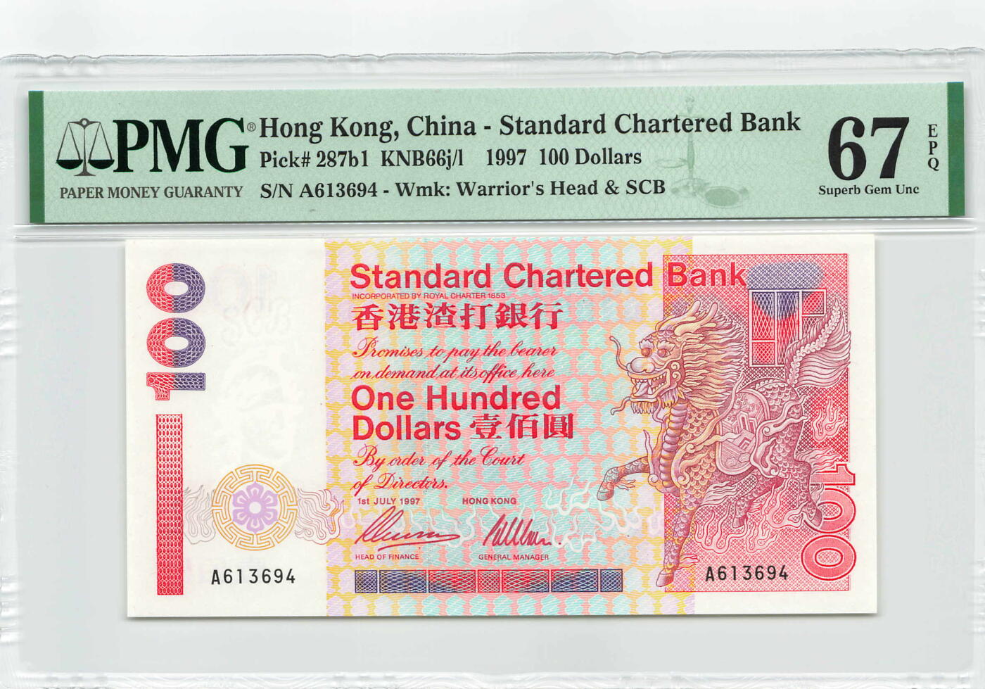 小福收藏拍卖第179期 评级币精选场 本期有老挝1957年50基普样钞 意大利200百多年前超大幅老钞 摩洛哥1968年50迪拉姆 法属安的列斯1963年10法郎 香港政府1元乔治六世以及大量越南 奥地利 马耳他 阿尔及利亚 丹麦等多国精美高分珍稀老钞精品纸币 中国 香港渣打银行 1997年 100元 回归版 A冠 PMG67 EPQ 亚军分