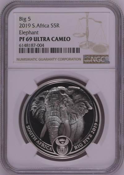 S&S Numismatic世界钱币-拍卖 第126期  南非2019年 非洲五霸系列1-大象 5兰特精制纪念银币 NGC PF69UC ，31.11克999银