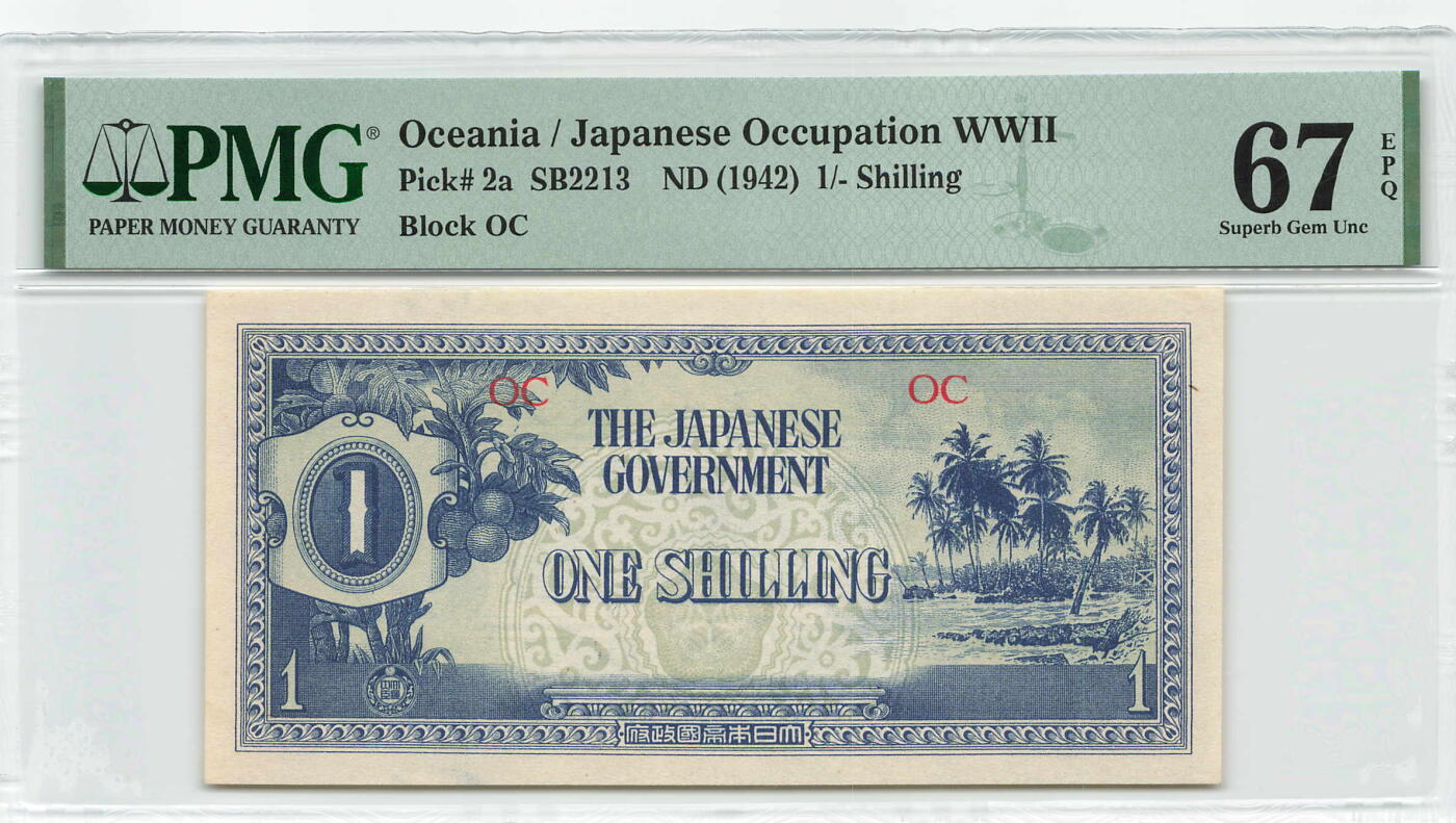 小福收藏拍卖第179期 评级币精选场 本期有老挝1957年50基普样钞 意大利200百多年前超大幅老钞 摩洛哥1968年50迪拉姆 法属安的列斯1963年10法郎 香港政府1元乔治六世以及大量越南 奥地利 马耳他 阿尔及利亚 丹麦等多国精美高分珍稀老钞精品纸币 大洋洲二战日占军票 1942年 1先令  OC冠 少见 PMG67 EPQ 冠军分！！！