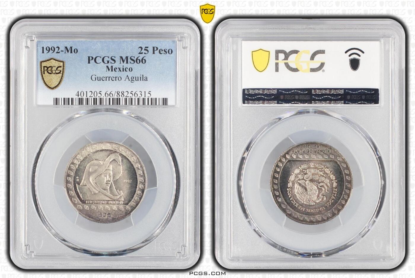 S&S Numismatic世界钱币-拍卖 第113期  墨西哥1992年 前哥仑布时代的阿兹特克文化 25比索纪念银币 PCGS MS66，7.77克999银