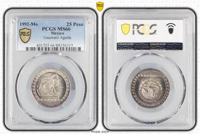 S&S Numismatic世界钱币-拍卖 第113期  - 墨西哥1992年 前哥仑布时代的阿兹特克文化 25比索纪念银币 PCGS MS66，7.77克999银