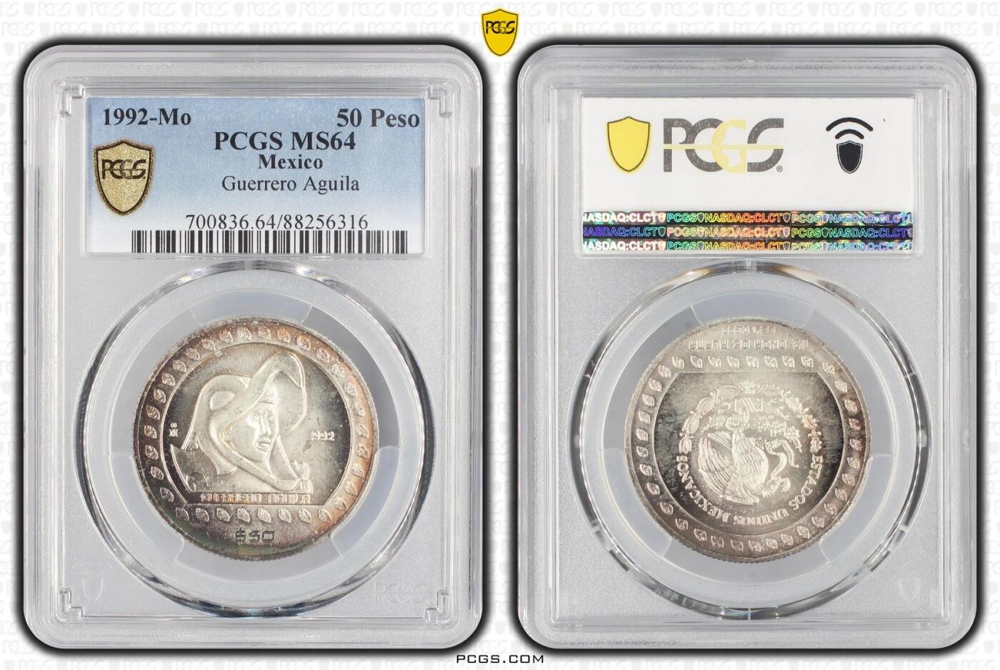 S&S Numismatic世界钱币-拍卖 第113期  墨西哥1992年 前哥仑布时代的阿兹特克文化 50比索纪念银币 PCGS MS64，15.55克999银