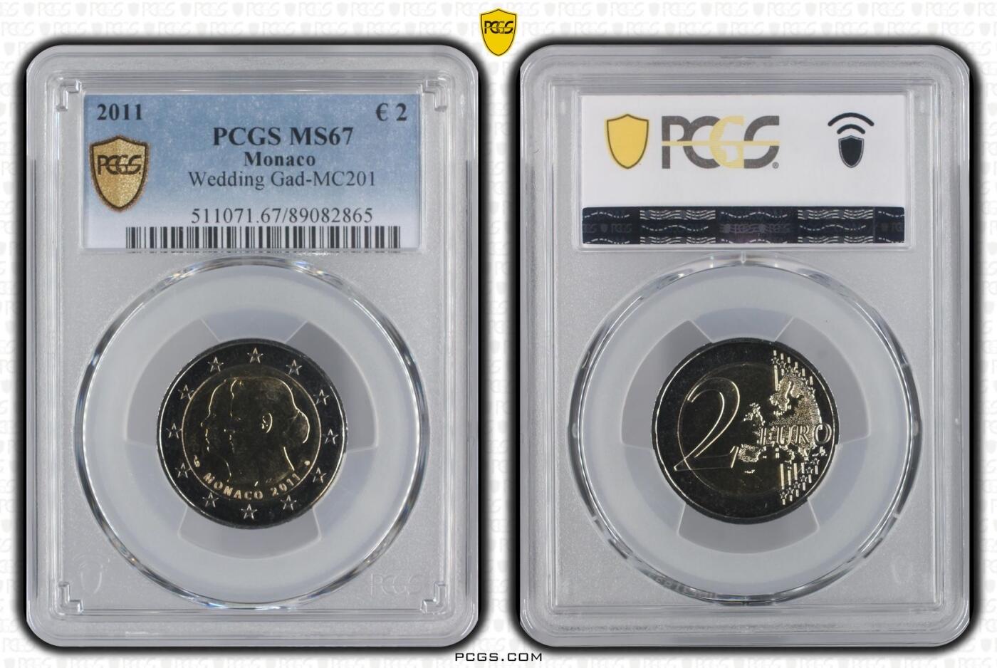 S&S Numismatic世界钱币-拍卖 第114期  摩纳哥2011年 阿尔伯特二世王子和夏琳公主的皇家婚礼 2欧元双色纪念币 PCGS MS67冠军分