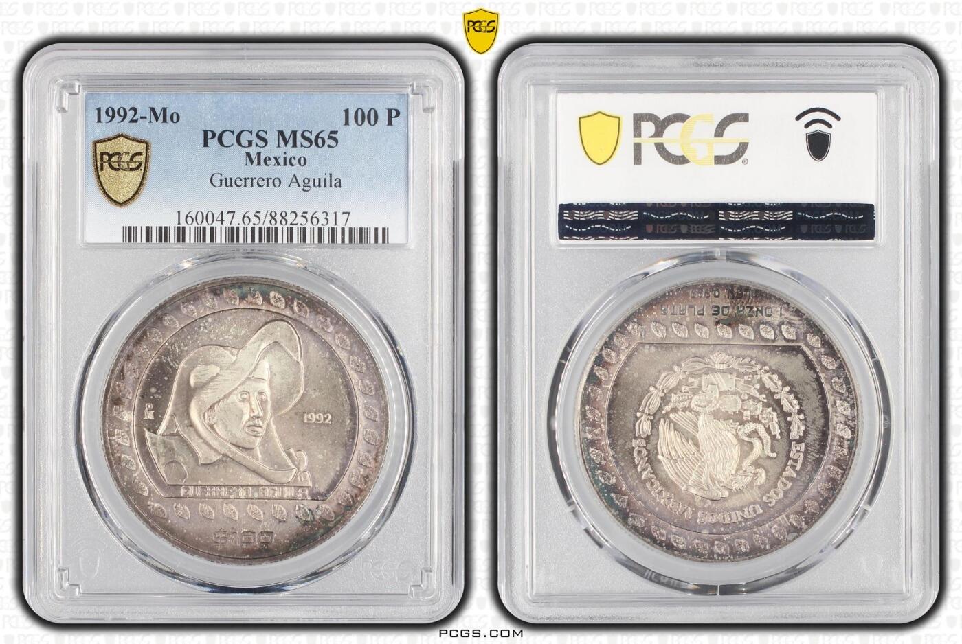 S&S Numismatic世界钱币-拍卖 第113期  墨西哥1992年 前哥仑布时代的阿兹特克文化 100比索纪念银币 PCGS MS65，31.1克999银
